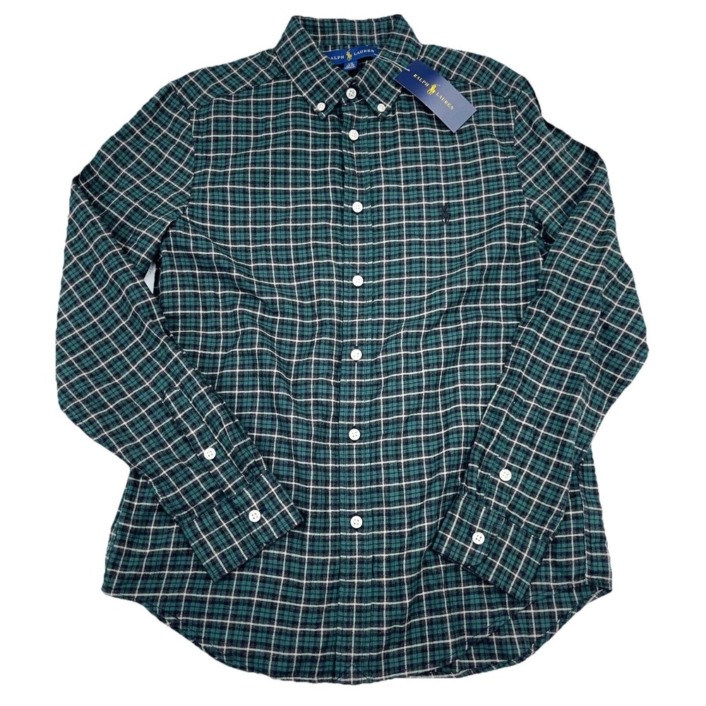 Ralph Lauren Shirt Boys Large Green Black Flannel Button Up Tartan Plaid Youth